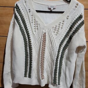 GUESS Women's V-Neck Sweater in White with Green and Tan Details